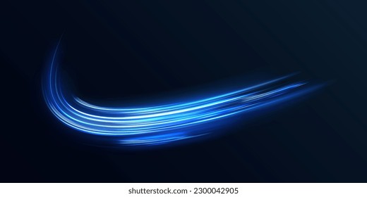 Abstract glitter neon lines of movement and speed with sparkles. Curve light effect of blue twirl. Semicircular wave, light vortex wake. Luminous motion wavy. Space tunnel. Bright vector spiral line.