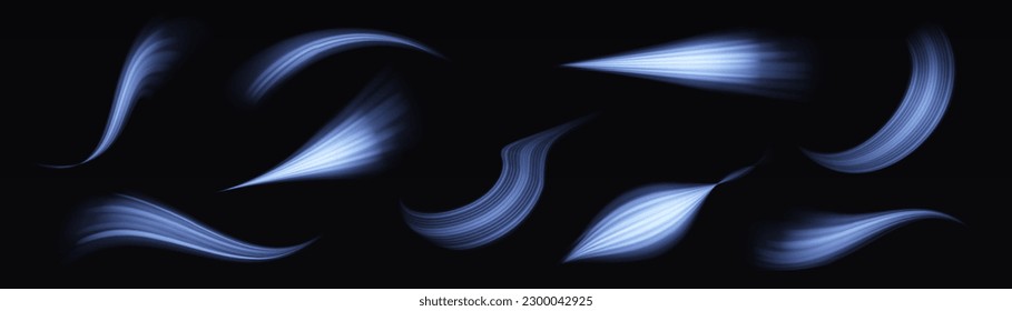 Abstract glitter neon lines of movement and speed with sparkles. Curve light effect of blue twirl. Semicircular wave, light vortex wake. Luminous motion wavy. Space tunnel. Bright vector spiral line.