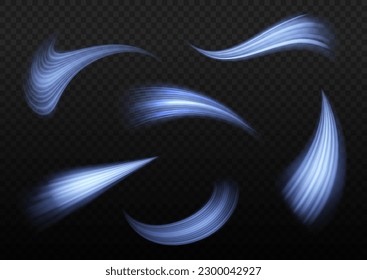 Abstract glitter neon lines of movement and speed with sparkles. Curve light effect of blue twirl. Semicircular wave, light vortex wake. Luminous motion wavy. Space tunnel. Bright vector spiral line.