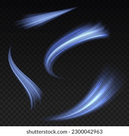 Abstract glitter neon lines of movement and speed with sparkles. Curve light effect of blue twirl. Semicircular wave, light vortex wake. Luminous motion wavy. Space tunnel. Bright vector spiral line.
