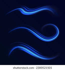 Resumen de líneas de movimiento y velocidad de neón con destellos. Efecto de la luz de curva del twirl azul. Ola semicírculo, vórtice claro. Oleada de movimiento luminoso. Túnel espacial. Línea espiral vectorial brillante.
