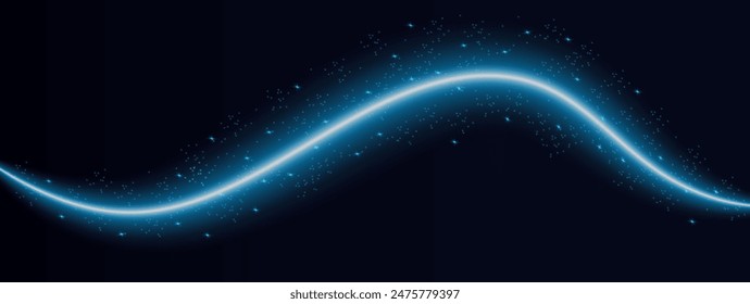 Abstract glitter neon lines of movement and speed with sparkles. Curve light effect of blue twirl. Semicircular wave, light vortex wake. Luminous motion wavy. Space tunnel. Bright vector spiral line