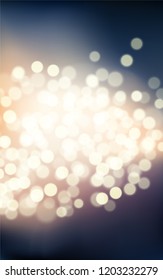 Abstract Glittering dark background with golden bokeh effect. Gold twinkled light backdrop for Wedding or Christmas xmas card . Vector Illustration.