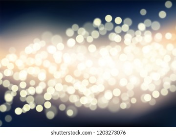 Abstract Glittering dark background with golden bokeh effect. Gold twinkled light backdrop for Wedding or Christmas xmas card . Vector Illustration.