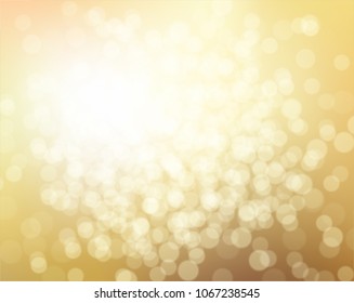 Abstract Glittering golden background  with bokeh effect. Gold twinkled light backdrop for Wedding or Christmas card . Vector Illustration.