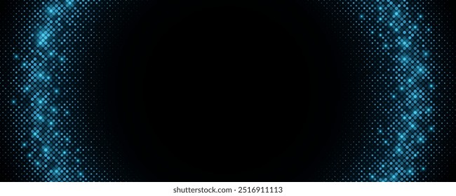 Abstractas efecto semitono brillante sobre fondo negro. Círculo futurista brillante de puntos brillantes. Efecto de luz. Ilustración vectorial. EPS 10.