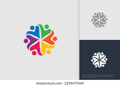 abstract global crown people colorful logo minimalist style illustration. Teamwork symbol.