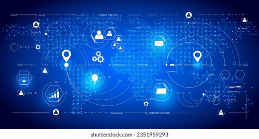 Abstract global data network connection business technology communication vector. World map square dot with privacy, security icon illustration.
