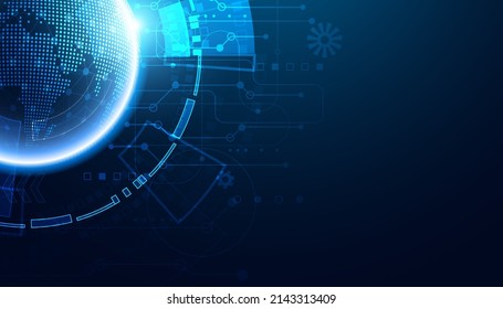abstract global dot network circle digital connection and communication futuristic on blue background.