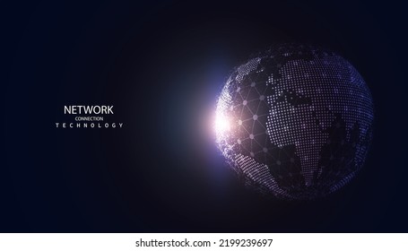 abstract global dot network circle digital connection and communication futuristic on blue background.