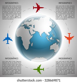 Abstract global eastern hemisphereairplane infographics design template. Can be used for websites, print, presentation, travel and tourism concept.
