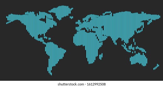 Abstract global glowing world map with silhouette continents of the planet striped design of thin blue neon lines on the black background