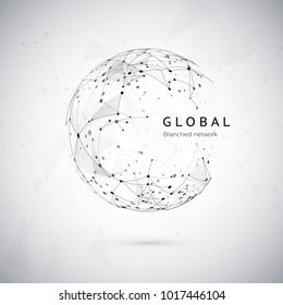 Abstract global network concept. Web structure, social nets concept, node net. Dots and connection mesh. Sphere technology cyberspace background. Vector illustration on white background