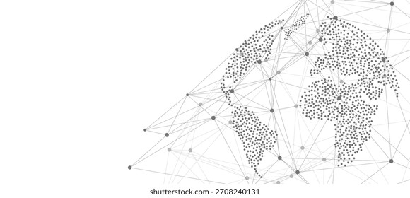 Rede global abstrata conectando continentes com pontos e linhas em um fundo branco, representando tecnologia, comunicação e conexões de negócios internacionais.