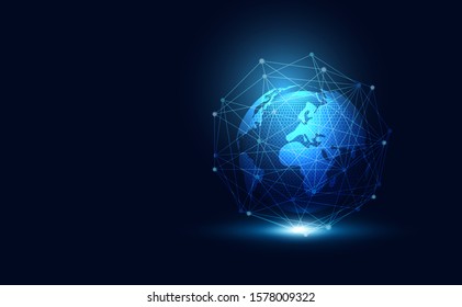 abstract global network connection and communication futuristic on blue background.