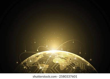 Abstract global network connection on gold background. World map point and line composition concept of global business