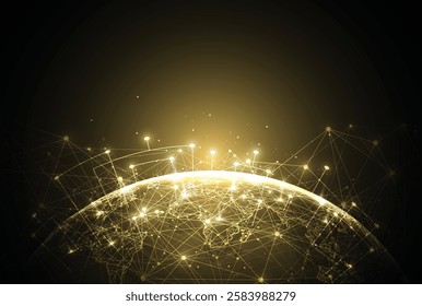 Abstract global network connection on gold background. World map point and line composition concept of global business