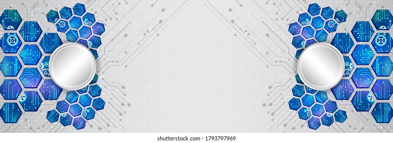 Abstract global sci fi concept. Wide Hi-tech vector illustration with various technology elements. Cyber security internet and networking concept. Digital internet communication on grey background.