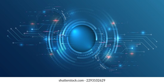 Abstract global sci-fi concept. Digital internet communication on blue background. Wide Cyber security internet and networking concept. Hi-tech vector illustration with various technology elements.