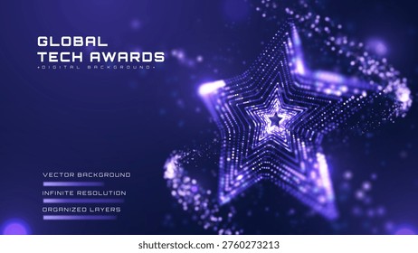 Fondo Abstractas de la ceremonia global de premios tecnológicos y estrella de neón brillante. Concepto moderno de celebración de eventos de negocios con trofeo digital futurista. Ilustración vectorial.