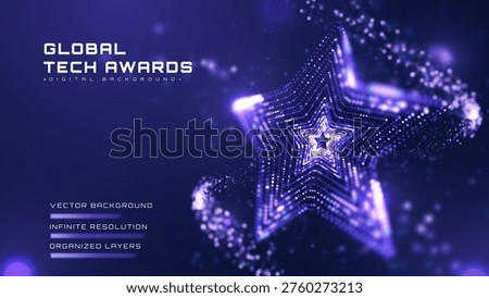 Abstract global tech award ceremony background and glowing neon star. Modern business event celebration concept with futuristic digital trophy. Vector illustration.