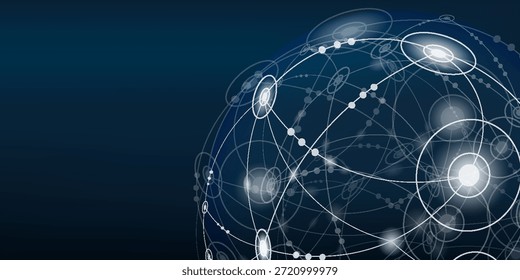 Abstract global technology background with glowing digital spheres, connected nodes and network lines. Global communication, data exchange and futuristic technology.