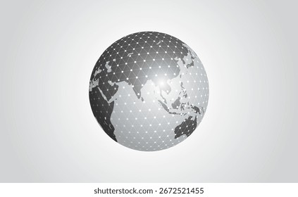 Globo Abstractas de Asia-Pacífico con cuadrícula triangular y nodos brillantes, que simbolizan la conectividad global, la comunicación digital y el comercio internacional.