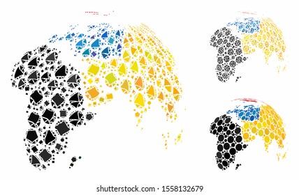 Abstract globe with colored dotted continents mosaic of unequal items in variable sizes and color hues, based on abstract globe with colored dotted continents icon.