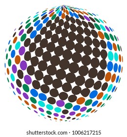 Abstract globe dotted sphere, 3d halftone dot effect. Colorful dots in white background. Rainbow color in earth shape. Vector illustration. It can use as logo, icon, banner, business card.