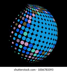 Abstract globe dotted sphere, 3d halftone dot effect. Colorful dots in dark background. Rainbow color in earth shape. Vector illustration. It can use as logo, icon, banner., business card.