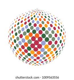 Abstract globe dotted sphere, 3d halftone dot effect. Colorful dots in white background. Rainbow color in earth shape. Vector illustration. It can use as logo, icon, banner, business card.