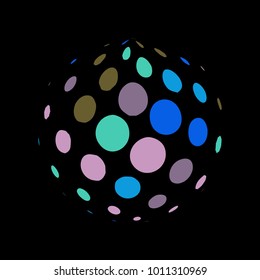 Abstract globe dotted sphere, 3d halftone dot effect. Colorful dots in dark background. Rainbow color in earth shape. Vector illustration. It can use as logo, icon, banner., business card.