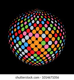 Abstract globe dotted sphere, 3d halftone dot effect. Colorful dots in dark background. Rainbow color in earth shape. Vector illustration. It can use as logo, icon, banner., business card.
