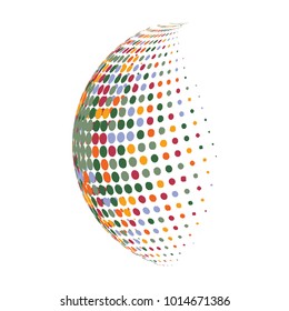 Abstract globe dotted sphere, 3d halftone dot effect. Colorful dots in white background. Rainbow color in earth shape. Vector illustration. It can use as logo, icon, banner, business card.