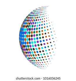 Abstract globe dotted sphere, 3d halftone dot effect. Colorful dots in white background. Rainbow color in earth shape. Vector illustration. It can use as logo, icon, banner, business card.