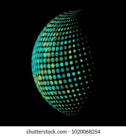 Abstract globe dotted sphere, 3d halftone dot effect. Colorful dots in dark background. Rainbow color in earth shape. Vector illustration. It can use as logo, icon, banner., business card.