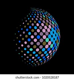 Abstract globe dotted sphere, 3d halftone dot effect. Colorful dots in dark background. Rainbow color in earth shape. Vector illustration. It can use as logo, icon, banner., business card.