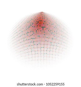 Abstract globe dotted sphere, 3d halftone dot effect. Black and red dots in white background. Vector illustration. It can use as logo, icon, banner, business card. Modern minimal covers design.
