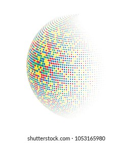 Abstract globe dotted sphere, 3d halftone dot effect. Colorful dots in white background. Rainbow color in earth shape. Vector illustration. It can use as logo, icon, banner, business card.