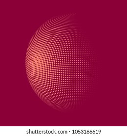 Abstract globe dotted sphere, 3d halftone dot effect. Light orange dots in pink background. Vector illustration. It can use as logo, icon, banner, business card. Modern minimal covers design.