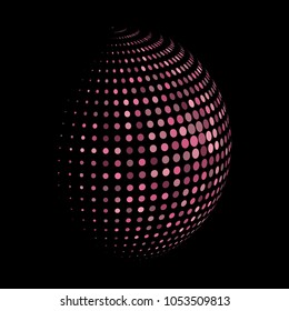 Abstract globe dotted sphere, 3d halftone dot effect. Pink and red dots in dark background. Vector illustration. It can use as logo, icon, banner, business card. Modern minimal covers design.