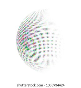Abstract globe dotted sphere, 3d halftone dot effect. Colorful dots in white background. Rainbow color in earth shape. Vector illustration. It can use as logo, icon, banner, business card.
