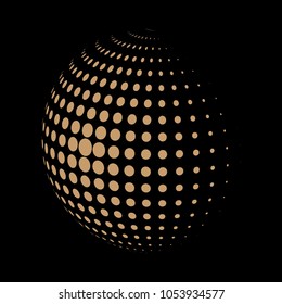 Abstract globe dotted sphere, 3d halftone dot effect. Golden dots in dark background. Vector illustration. It can use as logo, icon, banner, business card. Modern minimal covers design.