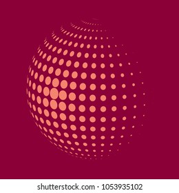 Abstract globe dotted sphere, 3d halftone dot effect. Light orange dots in pink background. Vector illustration. It can use as logo, icon, banner, business card. Modern minimal covers design.
