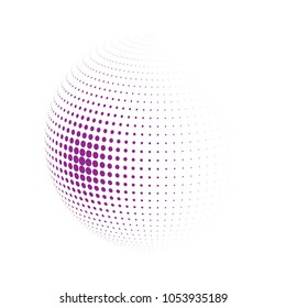 Abstract globe dotted sphere, 3d halftone dot effect. Purple dots in white background. Vector illustration. It can use as logo, icon, banner, business card. Modern minimal covers design.