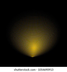 Abstract globe dotted sphere, 3d halftone dot effect. Golden dots in dark background. Vector illustration. It can use as logo, icon, banner, business card. Modern minimal covers design.