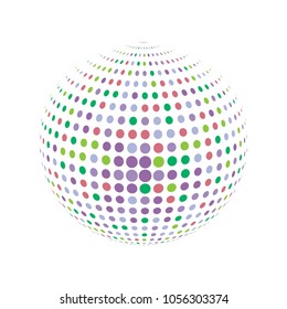 Abstract globe dotted sphere, 3d halftone dot effect. Colorful dots in white background. Rainbow color in earth shape. Vector illustration. It can use as logo, icon, banner, business card.