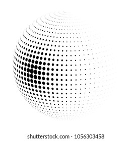 Abstract globe dotted sphere, 3d halftone dot effect. Black dots in white background. Vector illustration. It can use as logo, icon, banner, business card. Modern minimal covers design.