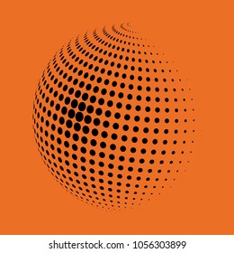 Abstract globe dotted sphere, 3d halftone dot effect. Black dots in orange background. Vector illustration. It can use as logo, icon, banner, business card. Modern minimal covers design.