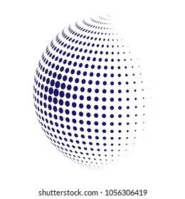 Abstract globe dotted sphere, 3d halftone dot effect. Blue dots in white background. Vector illustration. It can use as logo, icon, banner, business card. Modern minimal covers design.